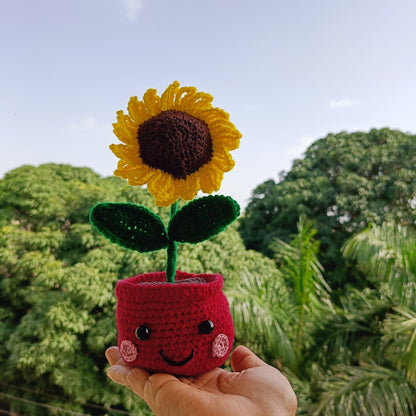 Crochet Sunflower in Red Pot with Smiley Face | Handmade Gift & Decor