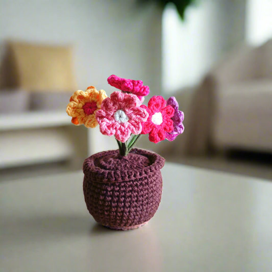 Handmade Crochet Daisy Flower Pot | Colorful Home Decor | Gift & Car Dashboard Accessory