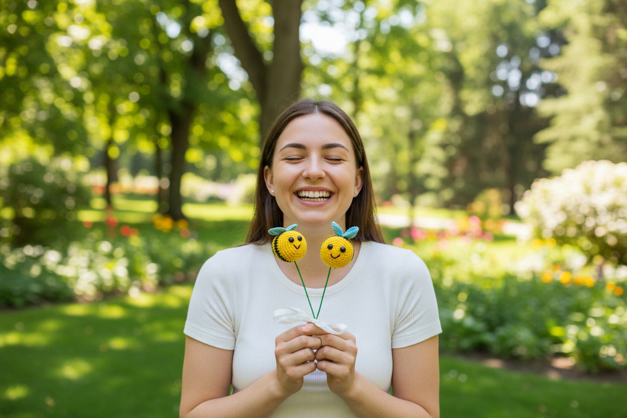 Two crochet bee toys with green stem