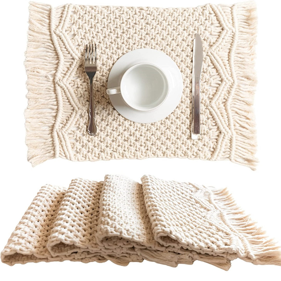 Macrame Dining Table Mats Set of 6 | Handmade Off-White Cotton Placemats for Table Decor & Boho Home Decor