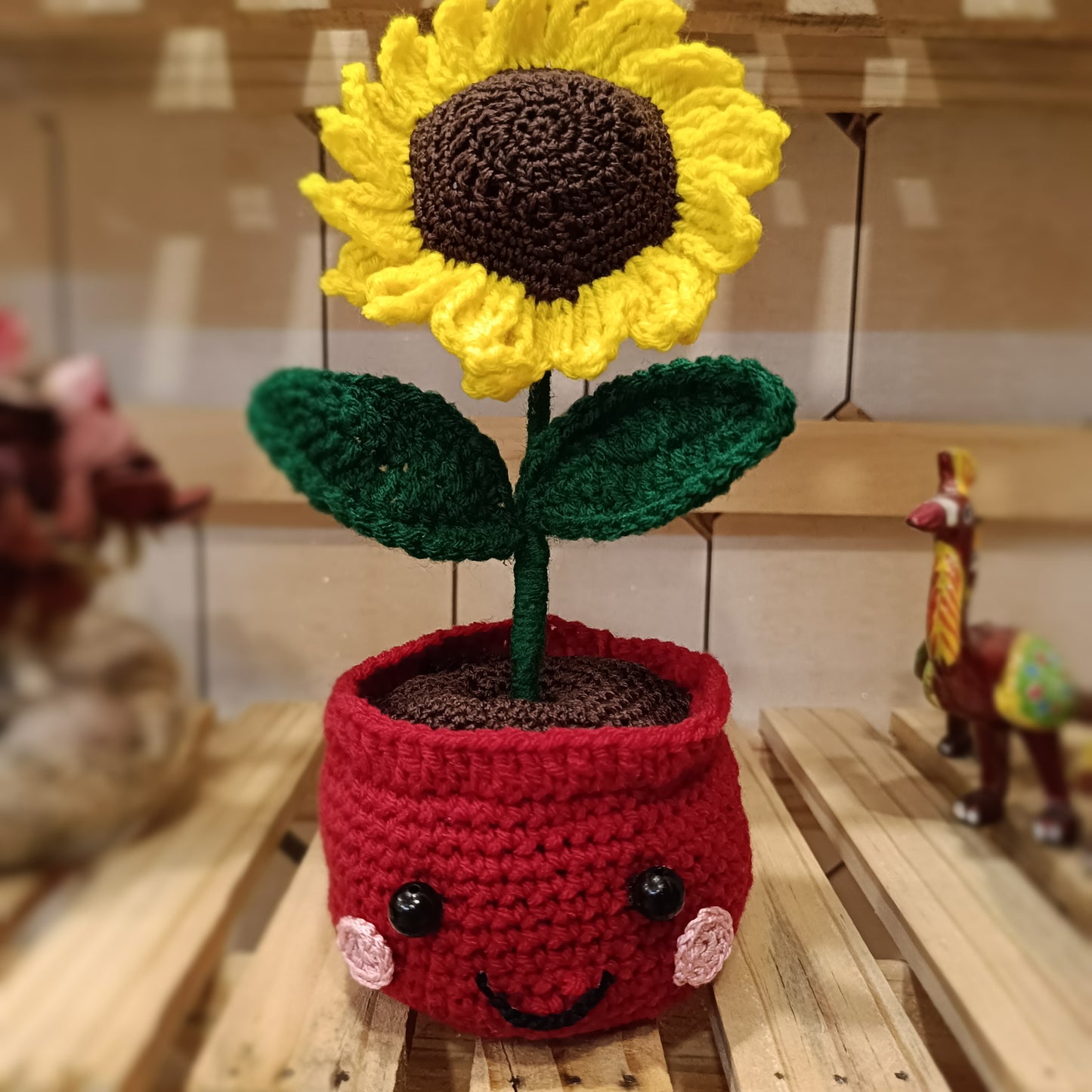 Crochet Sunflower in Red Pot with Smiley Face | Handmade Gift & Decor