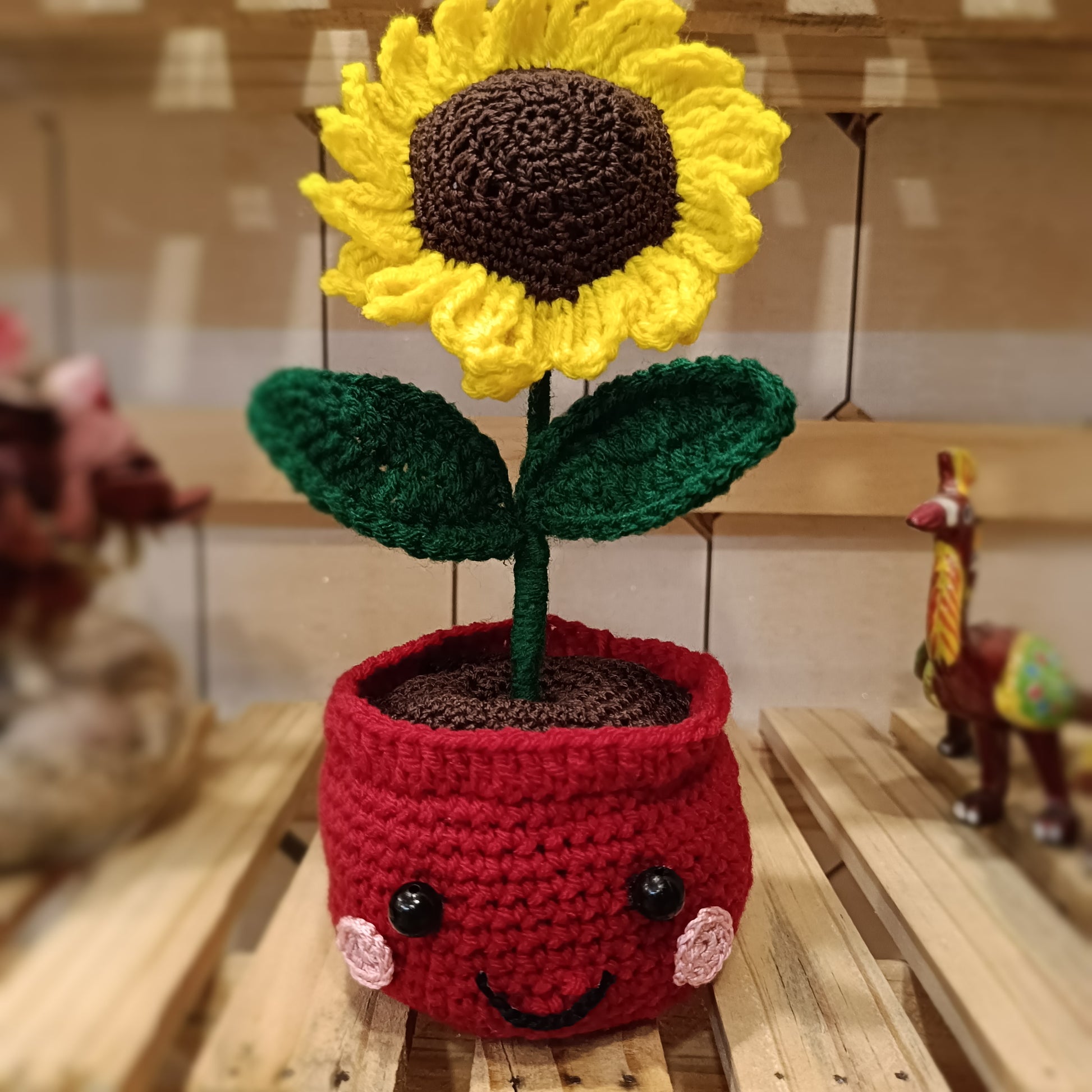 Crochet Sunflower in Red Pot with Smiley Face | Handmade Gift & Decor