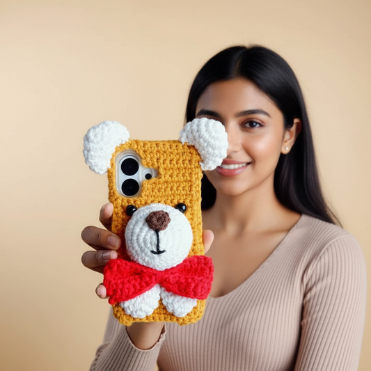Handmade Iphone Crochet Transparent Phone covers | Teddy Design Handcrafted mobile covers for iphone 17, iphone 16, iphone 15