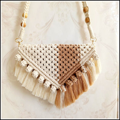 Handwoven Macrame Handbag for Women | Elegant Light Brown & Off-White Ladies Handbag