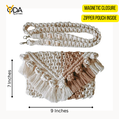 Handwoven Macrame Handbag for Women | Elegant Light Brown & Off-White Ladies Handbag