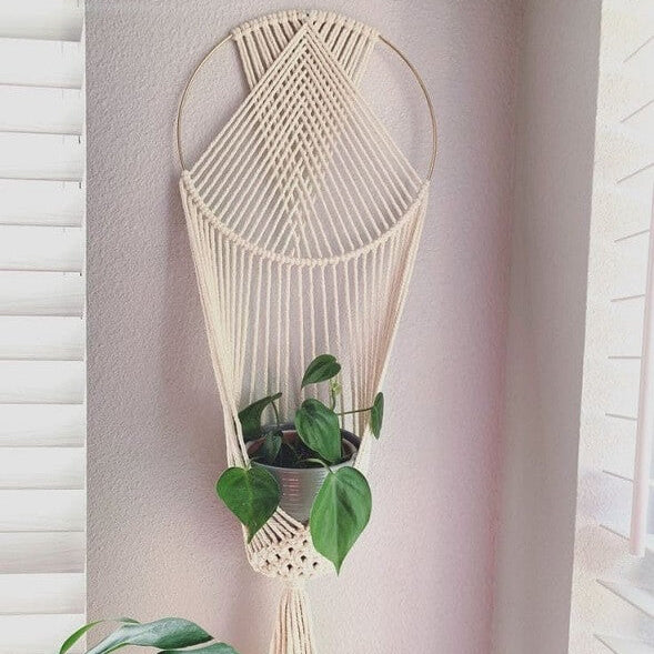 Bohemian Macrame Wall Planter Hanger | Handmade Large Off-White Hanging Decor