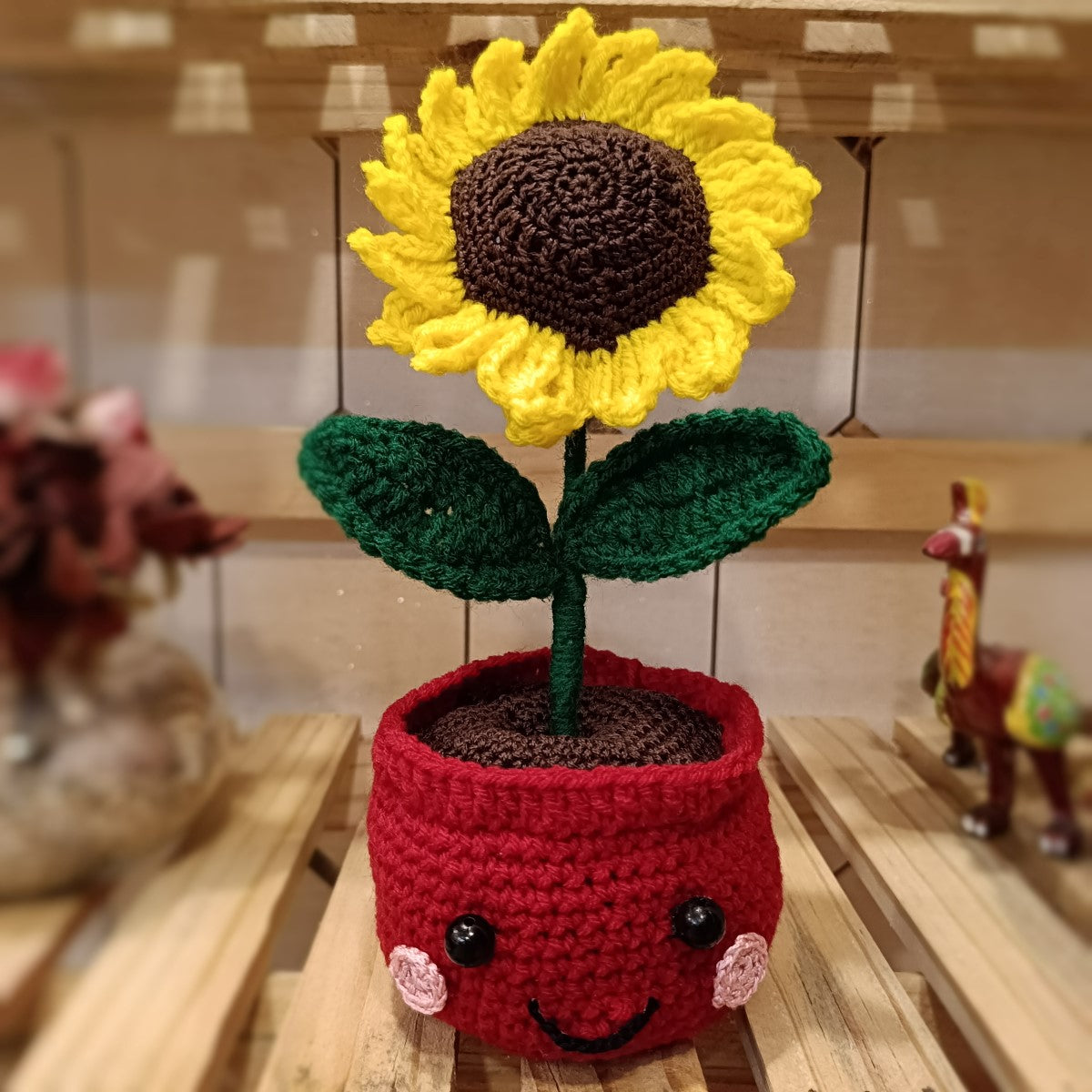 Crochet Sunflower in Red Pot with Smiley Face | Handmade Gift & Decor