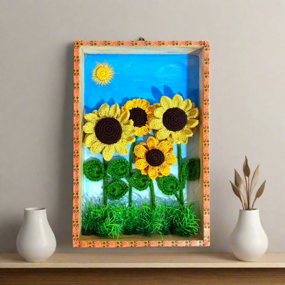 Handmade Crochet Flower Wall Frame – 3D Sunflower & Rose Designs for Home Decor, Gifting, Corporate Hampers & Wedding Events – Wooden Box Frame (2 Variants)