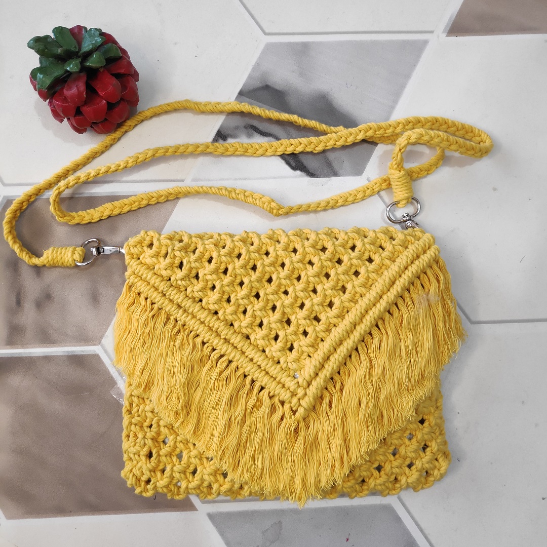Buy Mustard Yellow Handwoven Macrame Thread Sling Bag Online at
