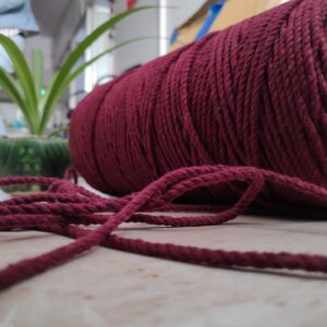 Twisted 3MM, 3 Ply Cotton Macrame Cord (Maroon) 100 Mtrs + Free 10 Inch Dowel