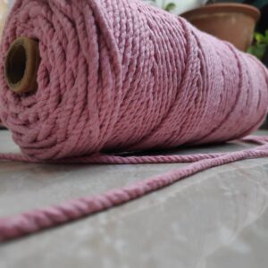 Twisted 3MM, 3 Ply Cotton Macrame Cord (Baby Pink) 100 Mtrs + Free 10 Inch Dowel