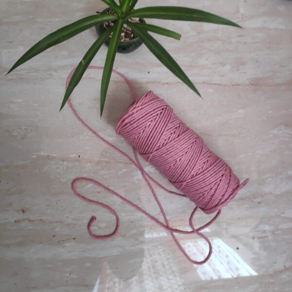 Twisted 3MM, 3 Ply Cotton Macrame Cord (Baby Pink) 100 Mtrs + Free 10 Inch Dowel