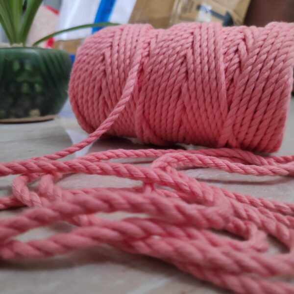 Twisted 3MM, 3 Ply Cotton Macrame Cord (Peach) 100 Mtrs + Free 10 Inch Dowel