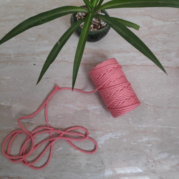 Twisted 3MM, 3 Ply Cotton Macrame Cord (Peach) 100 Mtrs + Free 10 Inch Dowel
