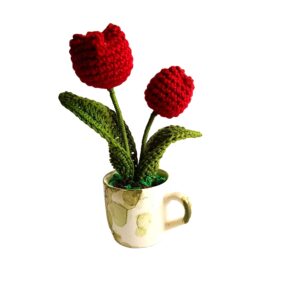 Handmade Flowers for Decor and Gift | Red Tulips Artificial Flower with Pot (7 inch, Pack of 2 Flowers)