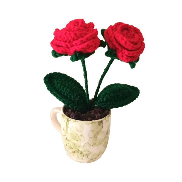 Handmade Flowers for Decor and Gift | Red Rose Artificial Flower with Pot (7 inch, Pack of 2 Flowers)